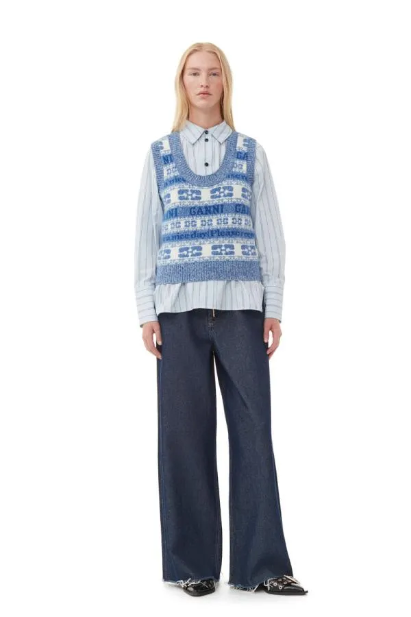 Clothing GANNI Knitwear Recut Logo Wool Mix Vest Silver Lake Blue