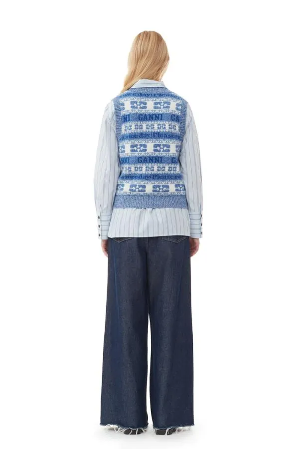 Clothing GANNI Knitwear Recut Logo Wool Mix Vest Silver Lake Blue