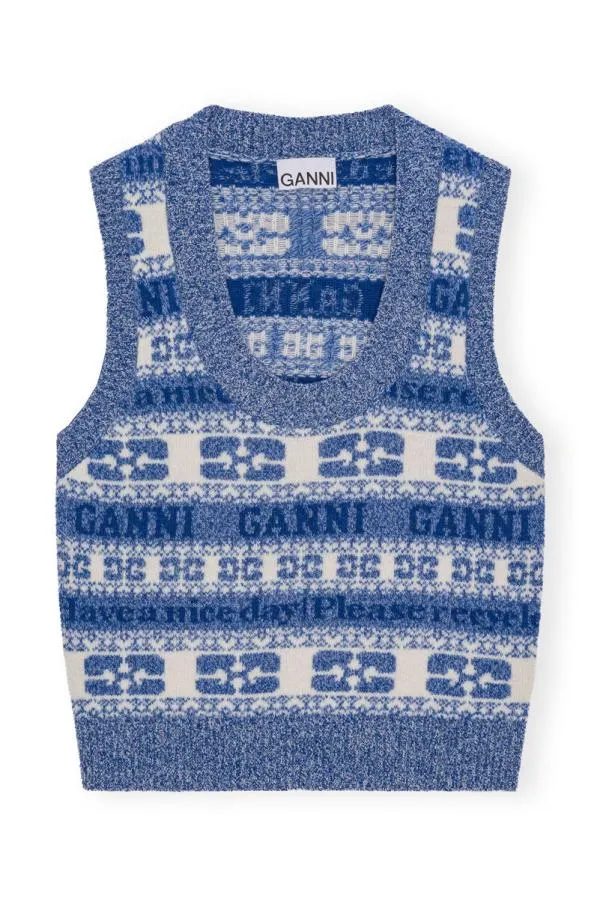 Clothing GANNI Knitwear Recut Logo Wool Mix Vest Silver Lake Blue