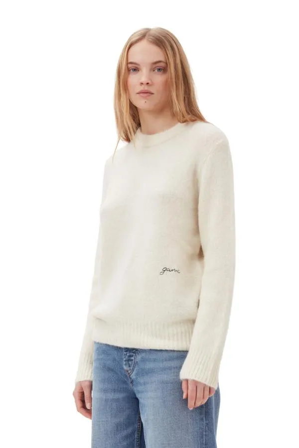 Clothing GANNI Knitwear White Brushed Alpaca ONeck Sweater Egret