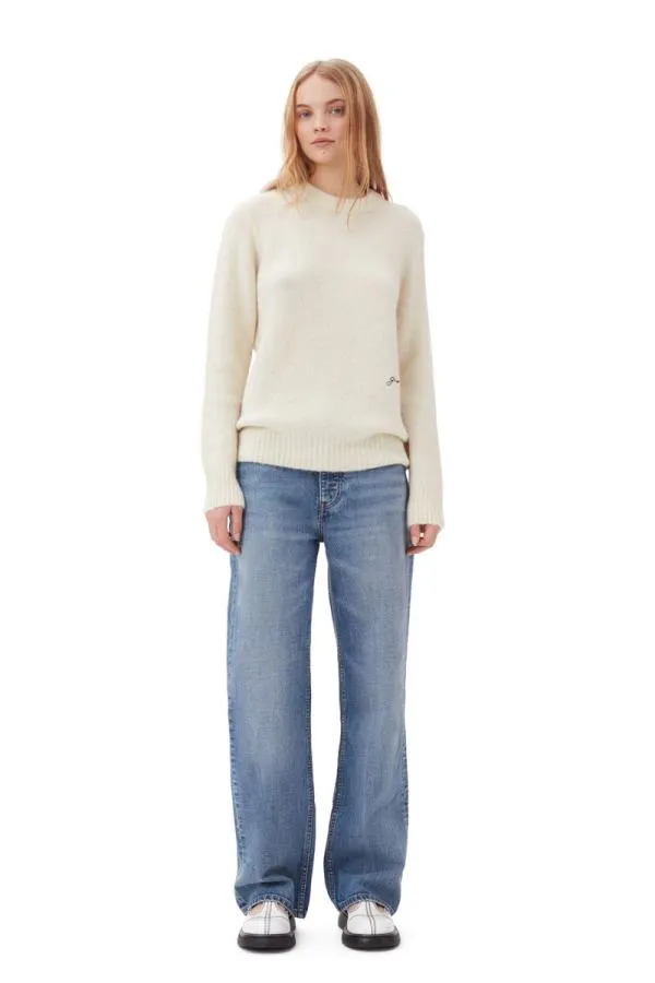 Clothing GANNI Knitwear White Brushed Alpaca ONeck Sweater Egret Clothing GANNI Knitwear White Brushed Alpaca ONeck Sweater Egret