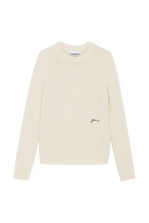 Clothing GANNI Knitwear White Brushed Alpaca ONeck Sweater Egret Clothing GANNI Knitwear White Brushed Alpaca ONeck Sweater Egret