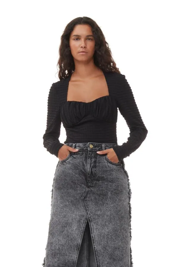 Clothing GANNI Tops Black Stretch Seersucker Blouse Black