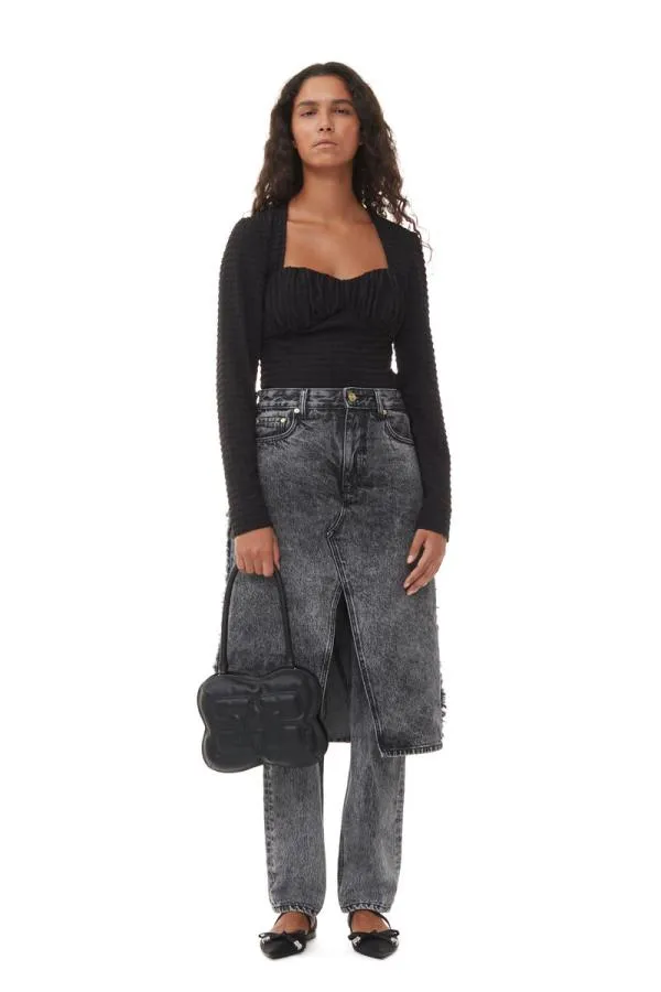 Clothing GANNI Tops Black Stretch Seersucker Blouse Black
