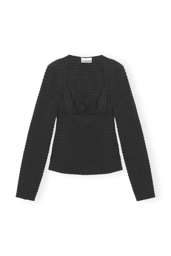 Clothing GANNI Tops Black Stretch Seersucker Blouse Black
