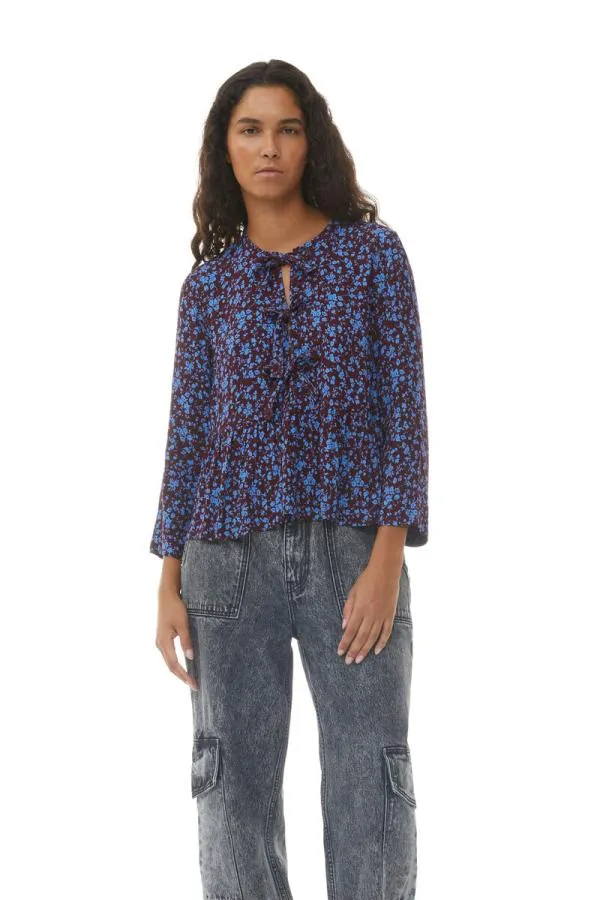 Clothing GANNI Tops Printed Crepe Peplum Blouse Port Royale