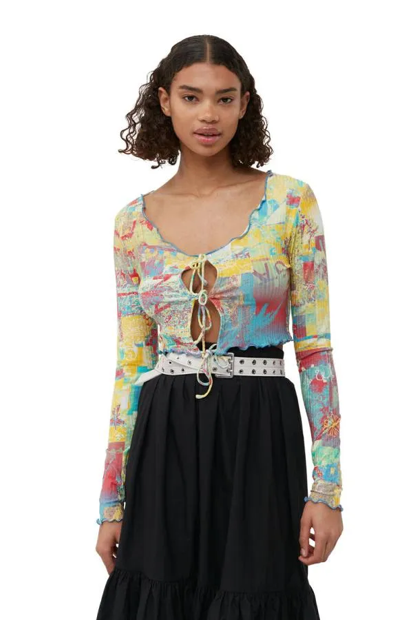 Clothing GANNI Tops Printed Rib Jersey Cropped Blouse Multicolour
