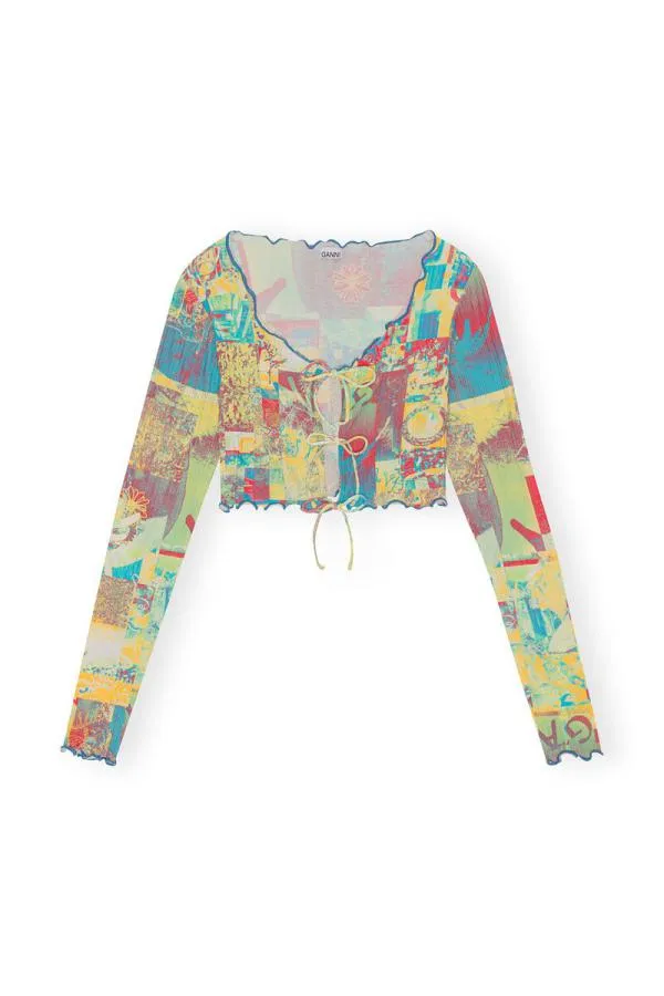 Clothing GANNI Tops Printed Rib Jersey Cropped Blouse Multicolour Clothing GANNI Tops Printed Rib Jersey Cropped Blouse Multicolour