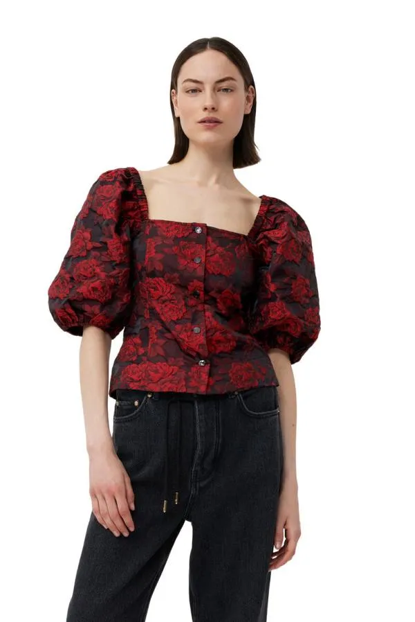 Clothing GANNI Tops Red Botanical Jacquard Fitted Blouse High Risk Red