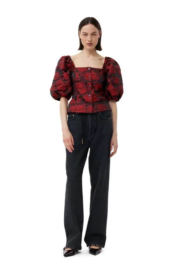 Clothing GANNI Tops Red Botanical Jacquard Fitted Blouse High Risk Red
