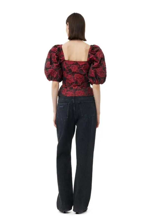 Clothing GANNI Tops Red Botanical Jacquard Fitted Blouse High Risk Red