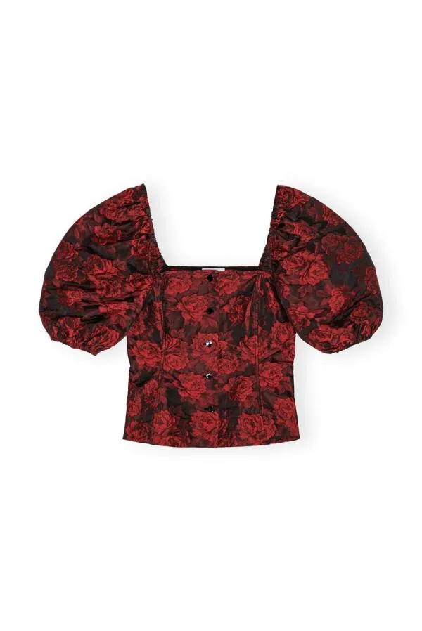 Clothing GANNI Tops Red Botanical Jacquard Fitted Blouse High Risk Red