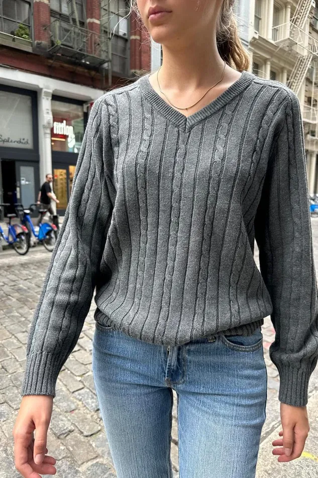 Clothing Ida Cotton Cable Knit VNeck Sweater Brandy Melville SWEATERS