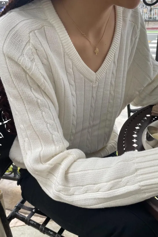 Clothing Ida Cotton Cable Knit VNeck Sweater Brandy Melville SWEATERS