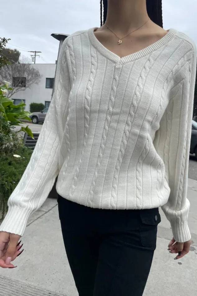 Clothing Ida Cotton Cable Knit VNeck Sweater Brandy Melville SWEATERS