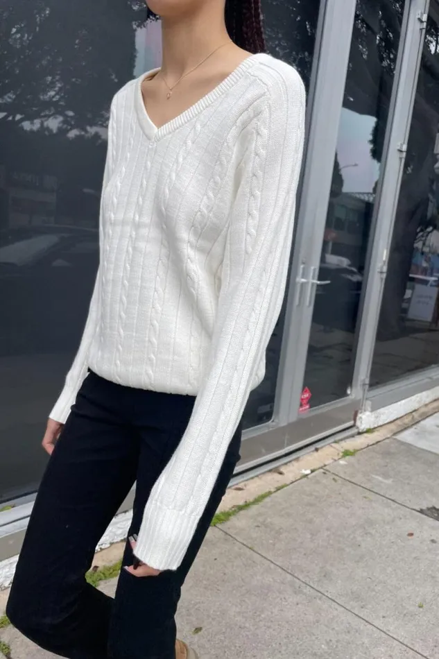 Clothing Ida Cotton Cable Knit VNeck Sweater Brandy Melville SWEATERS