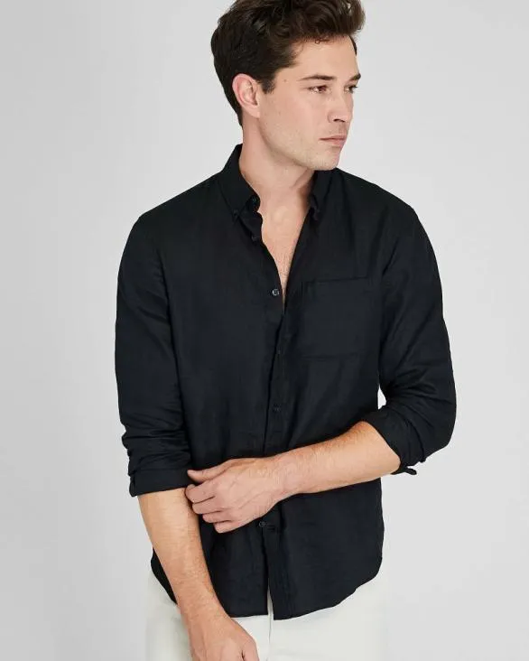 Club Monaco Shirts LongSleeve Solid Linen Shirt Black 8211 Men