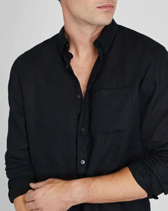 Club Monaco Shirts LongSleeve Solid Linen Shirt Black 8211 Men