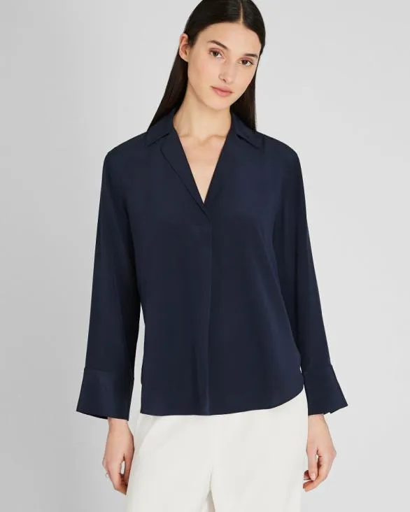 Club Monaco Tops Collared Silk Popover Shirt Twilight Navy 8211 Women