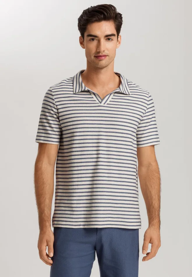 Collared Organic Cotton Top Deep Breeze Stripe Men HANRO Tops and Tees