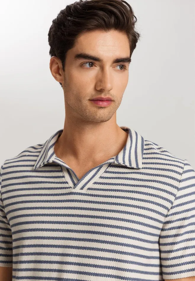 Collared Organic Cotton Top Deep Breeze Stripe Men HANRO Tops and Tees