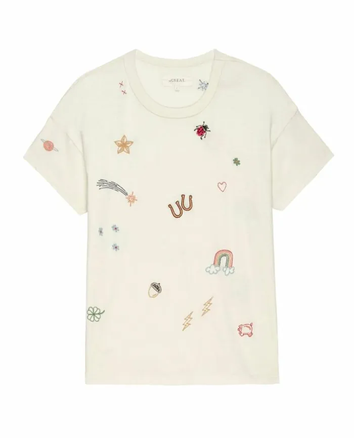 CollectionTees and Sweats The Great The Boxy Crew Washed White With Charm Embroidery