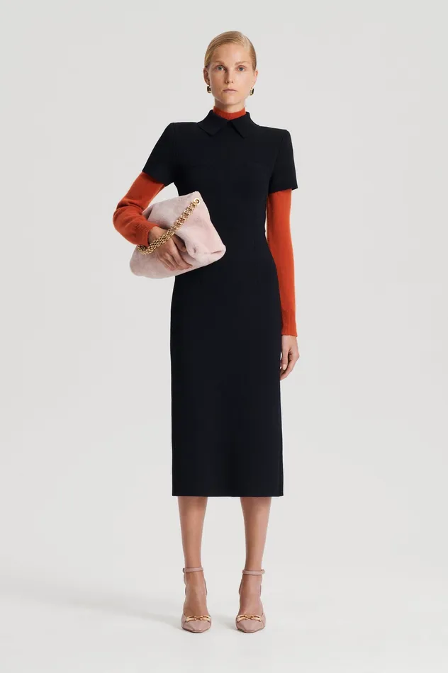 CREPE KNIT COLLAR DRESS BLACK Dresses Scanlan Theodore Women CREPE KNIT COLLAR DRESS BLACK Dresses Scanlan Theodore Women