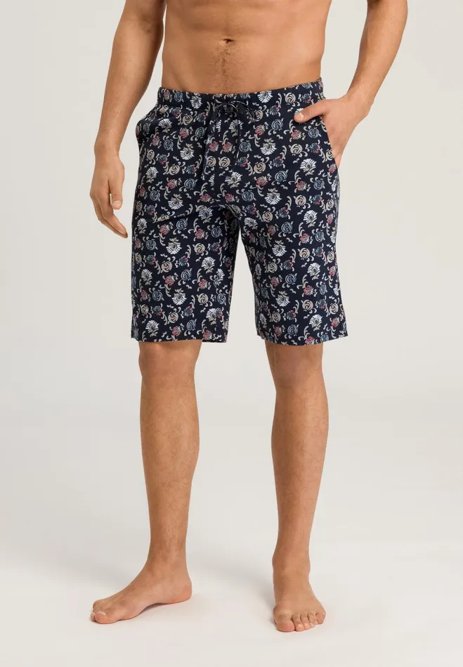 Drawstring Cotton Shorts Navy Botany Print Men HANRO Pajama Bottoms