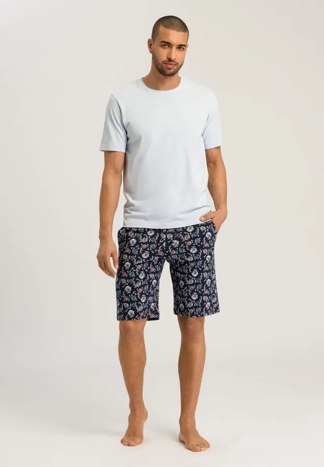 Drawstring Cotton Shorts Navy Botany Print Men HANRO Pajama Bottoms
