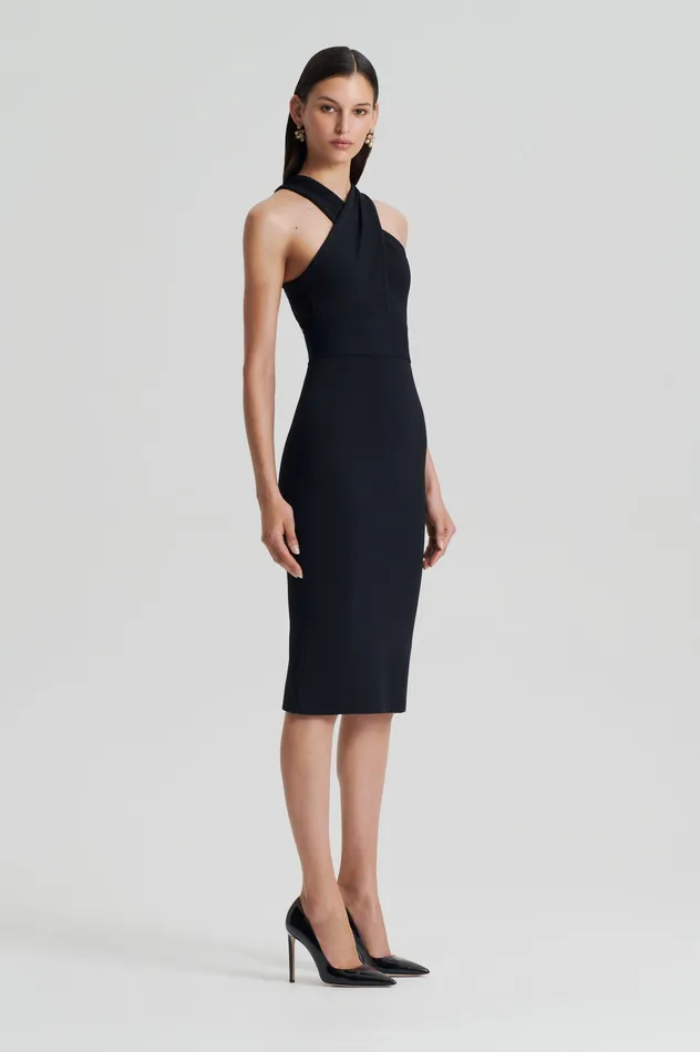 Dresses CREPE KNIT WRAP NECK DRESS BLACK Scanlan Theodore Women Dresses CREPE KNIT WRAP NECK DRESS BLACK Scanlan Theodore Women