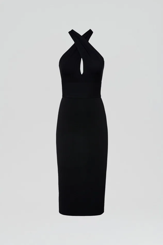 Dresses CREPE KNIT WRAP NECK DRESS BLACK Scanlan Theodore Women Dresses CREPE KNIT WRAP NECK DRESS BLACK Scanlan Theodore Women