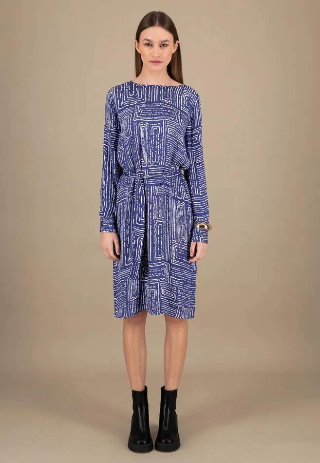 Dresses Women FYNCHHATTON Long Dress With All overprint And Waist Belt Blue Purple Dresses Women FYNCHHATTON Long Dress With All overprint And Waist Belt Blue Purple