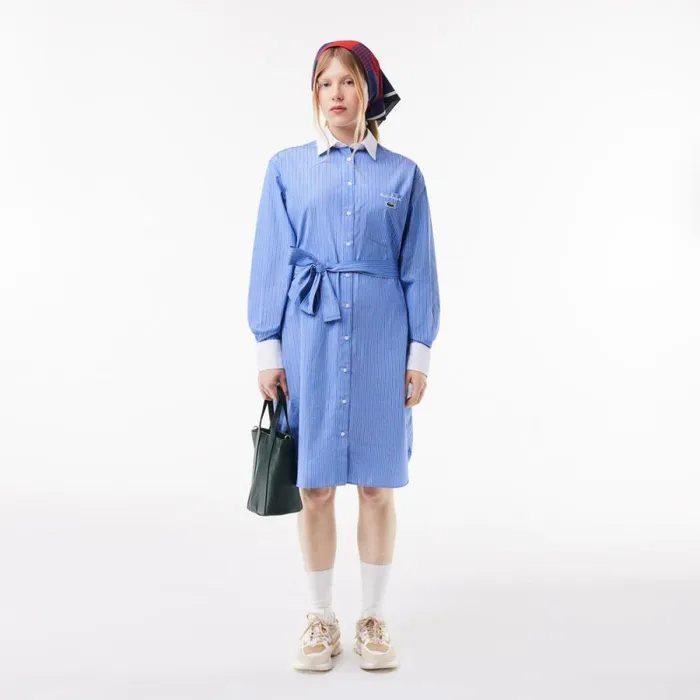 Dresses Women Lacoste Women039s Long Sleeved Striped Cotton Poplin Dress Blue White Iiy