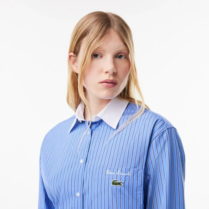 Dresses Women Lacoste Women039s Long Sleeved Striped Cotton Poplin Dress Blue White Iiy