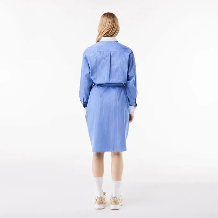Dresses Women Lacoste Women039s Long Sleeved Striped Cotton Poplin Dress Blue White Iiy