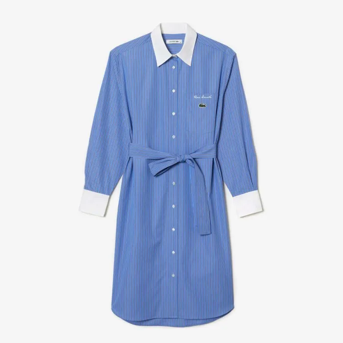 Dresses Women Lacoste Women039s Long Sleeved Striped Cotton Poplin Dress Blue White Iiy