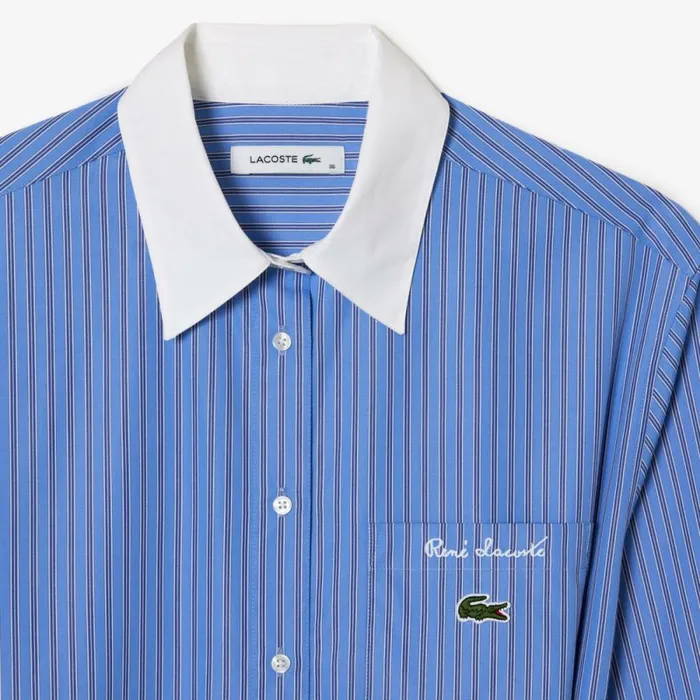 Dresses Women Lacoste Women039s Long Sleeved Striped Cotton Poplin Dress Blue White Iiy