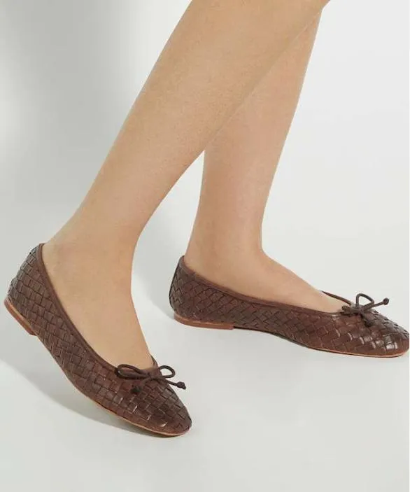 Dune London Ballet Pumps Women Heat Brown Woven Leather Bow Detail Ballet Pumps Brown