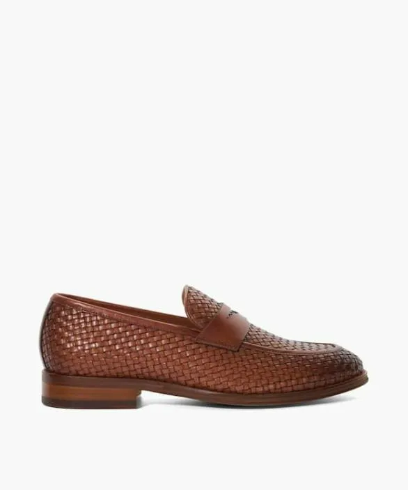 Dune London Brown Shoes Men Saharas Tan Leather Woven Loafers Brown