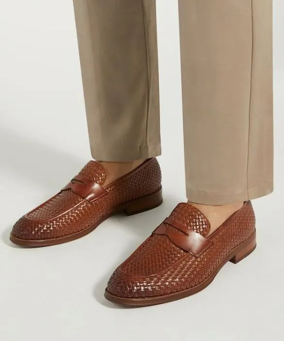 Dune London Brown Shoes Men Saharas Tan Leather Woven Loafers Brown