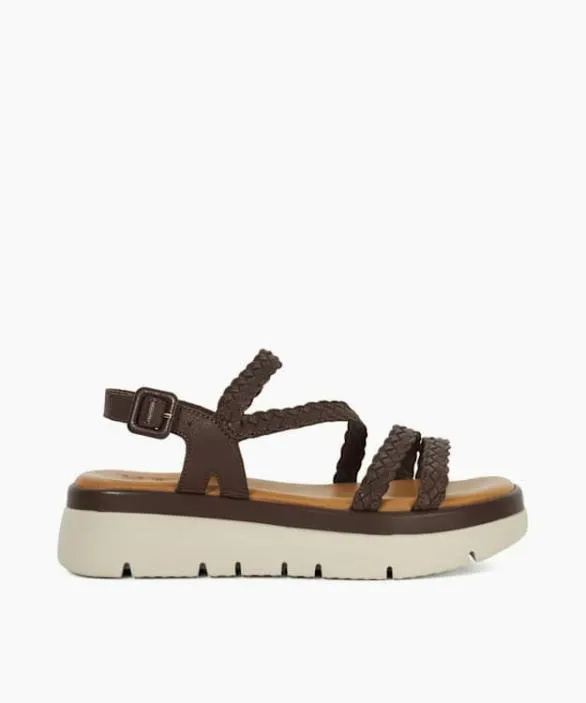 Dune London Chunky Sandals Women Lexture Brown Woven Leather Asymmetric Strap Flatform Sandals Brown