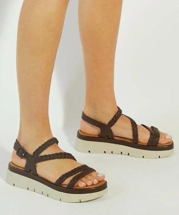 Dune London Chunky Sandals Women Lexture Brown Woven Leather Asymmetric Strap Flatform Sandals Brown