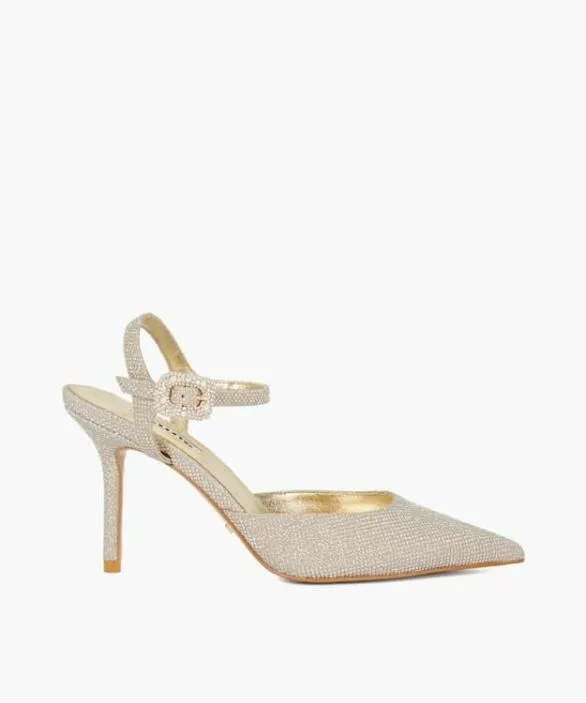 Dune London Court Shoes Women Channel Gold BuckleDetail Heeled Courts Metallic
