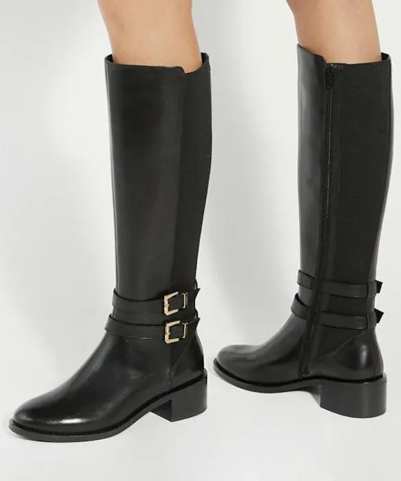 Dune London Flat Boots Women Tatter Black Leather Knee High Riding Boots Black