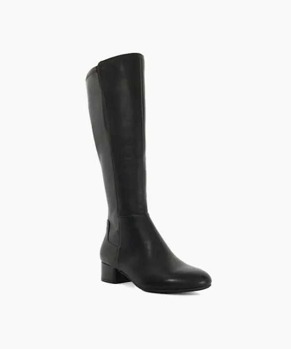 Dune London Flat Boots Women Tayla Black Leather Wide Fit Stretch KneeHigh Boots Black Leather