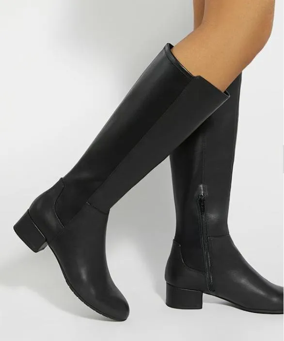 Dune London Flat Boots Women Tayla Black Leather Wide Fit Stretch KneeHigh Boots Black Leather
