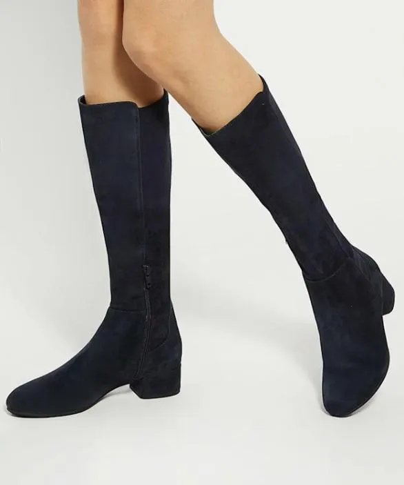 Dune London Flat Boots Women Tayla Navy Stretch KneeHigh Boots Blue