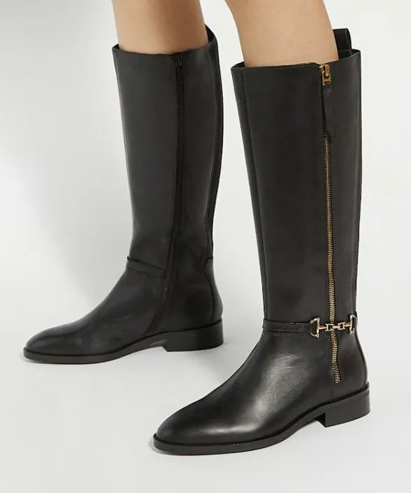 Dune London Flat Boots Women Taylyn Black Riding Boots With Signature Buckle Detail Black