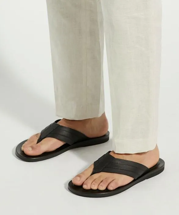 Dune London Flip Flops Men Fredos Black Leather Toe Post Sandals Black