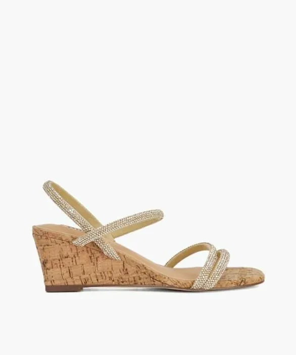 Dune London Gold Sandals Women Kalia Gold Embellished Strap Cork Wedge Sandals Metallic